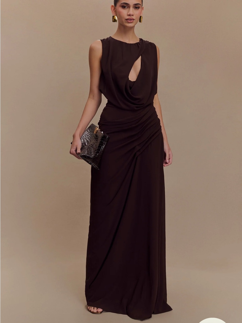 Meshki Oria Chiffon Maxi Dress (S) - Brown Draped Sleeveless Evening Gown - Picture 2 of 6